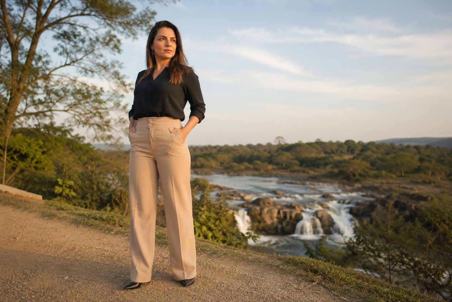 Jaqueline Santinho, engenheira química, em campo próximo a uma cachoeira